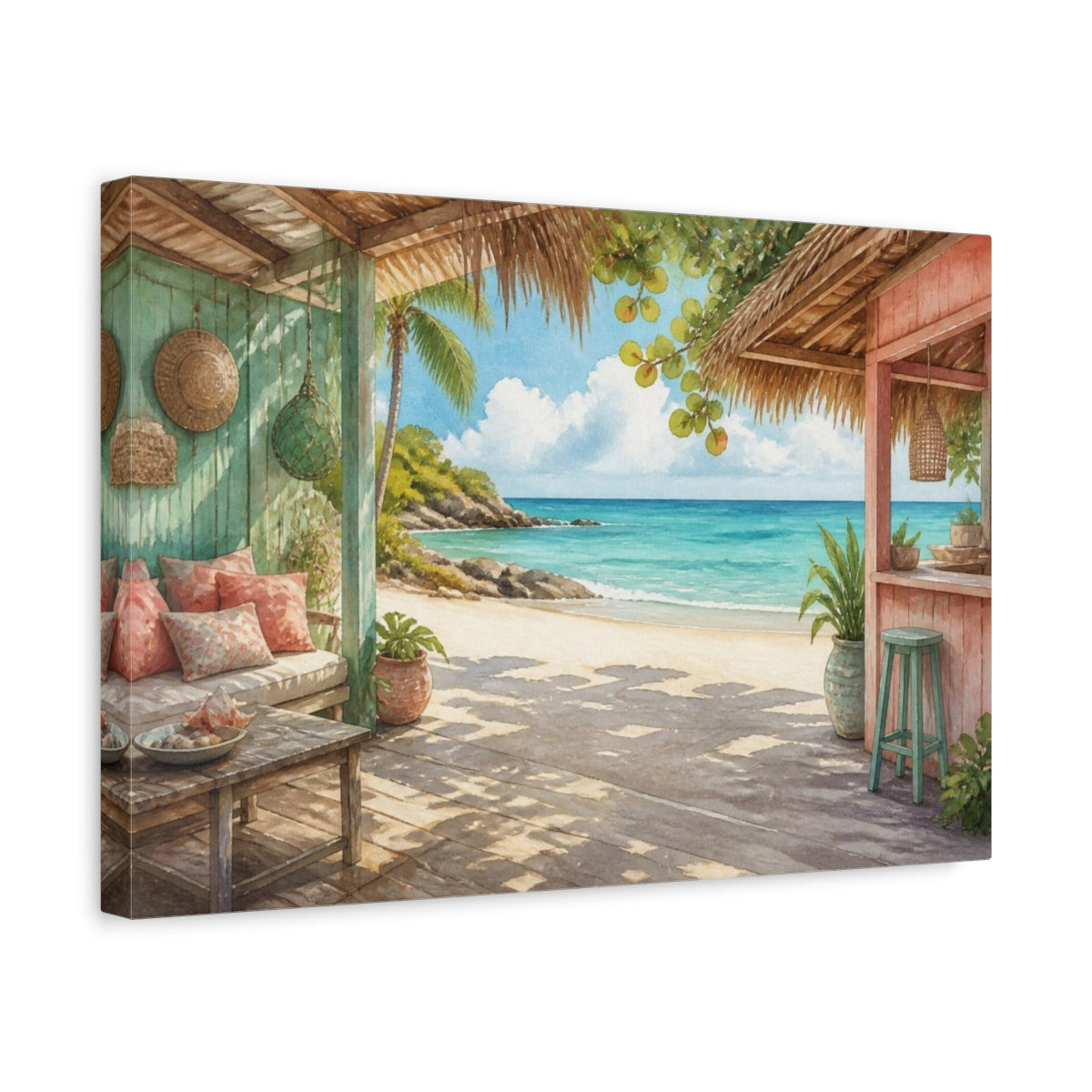 Side Mockup 4. Coastal Beach Hut View shown as canvas print