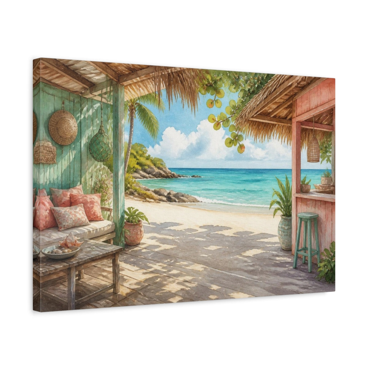 Side Mockup 3. Coastal Beach Hut View shown as canvas print
