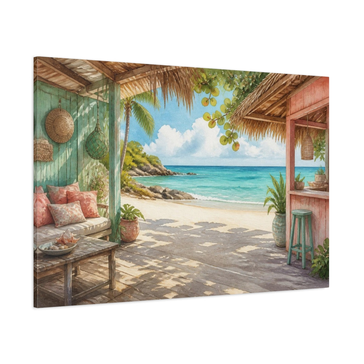 Side Mockup 1. Coastal Beach Hut View shown as canvas print
