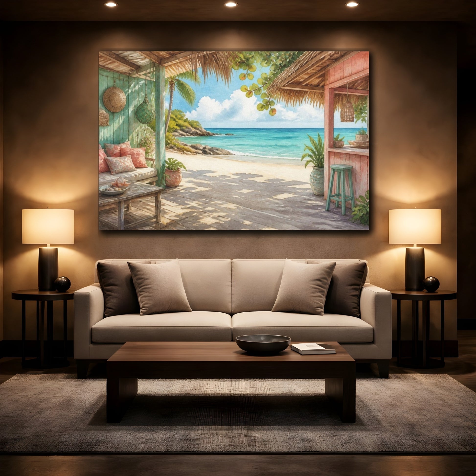 Mockup 2. Coastal Beach Hut View shown as canvas print