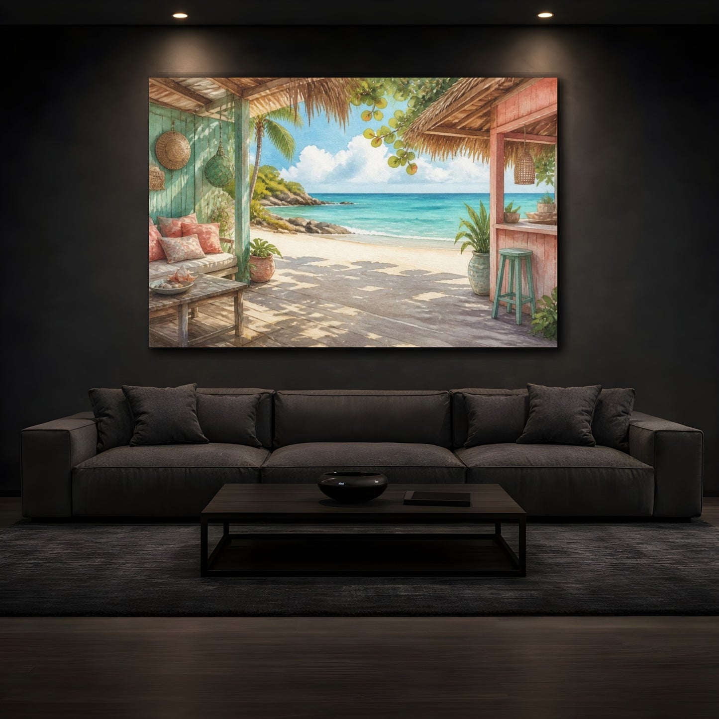 Mockup 3. Coastal Beach Hut View shown as canvas print
