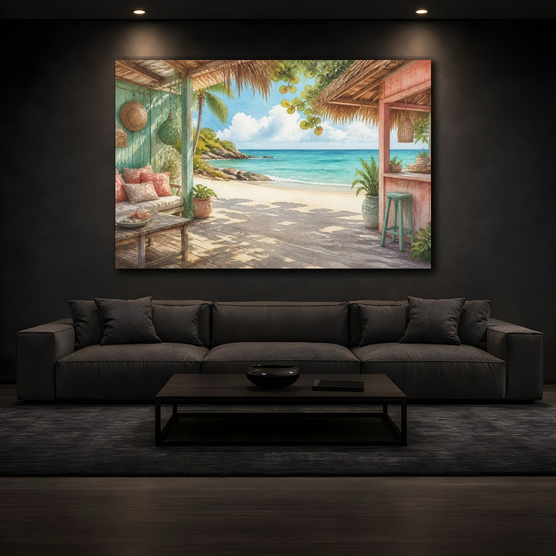 Mockup 3. Coastal Beach Hut View shown as canvas print