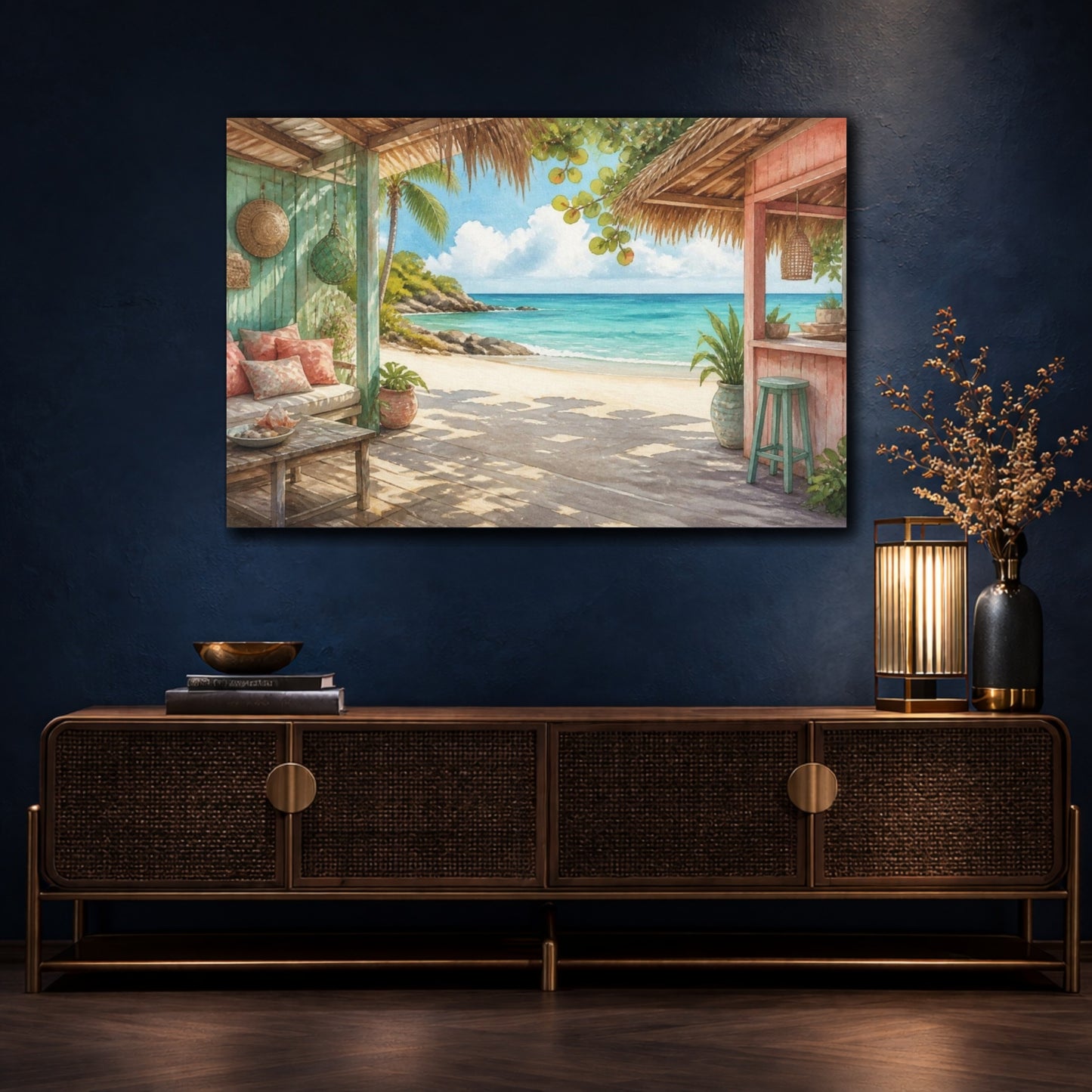 Mockup 4. Coastal Beach Hut View shown as canvas print