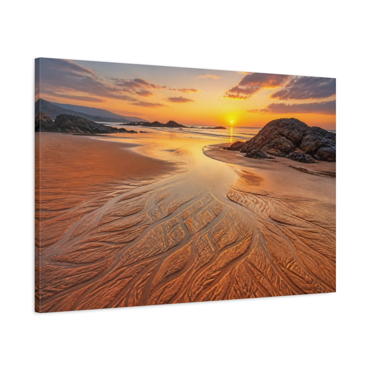 Main Mockup. Coastal Beach Sunset Rivulets shown as canvas print