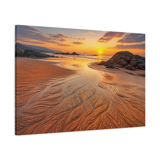 Main Mockup. Coastal Beach Sunset Rivulets shown as canvas print