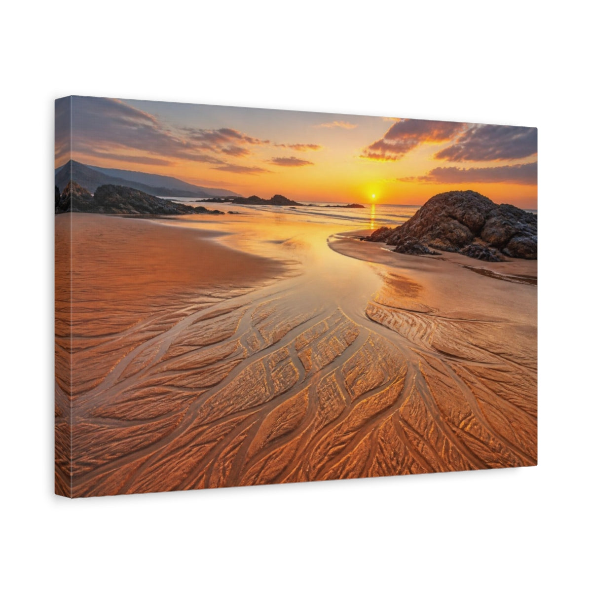 Side Mockup 4. Coastal Beach Sunset Rivulets shown as canvas print