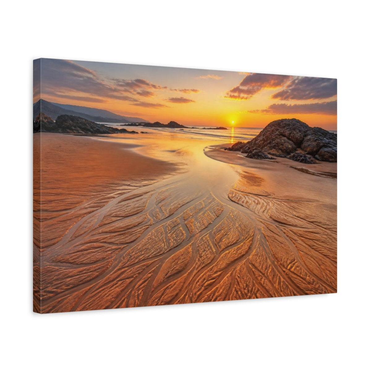 Side Mockup 3. Coastal Beach Sunset Rivulets shown as canvas print