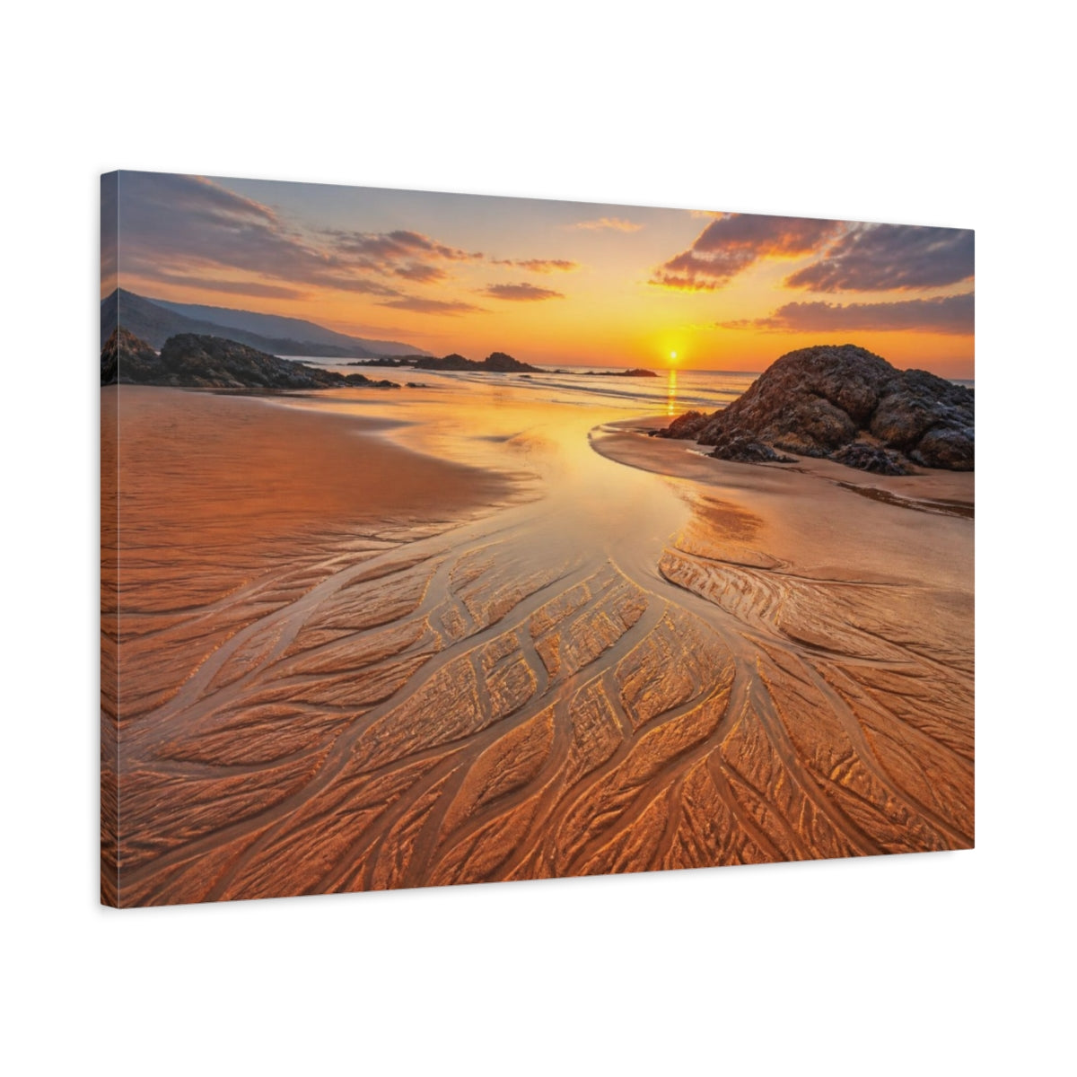 Side Mockup 2. Coastal Beach Sunset Rivulets shown as canvas print
