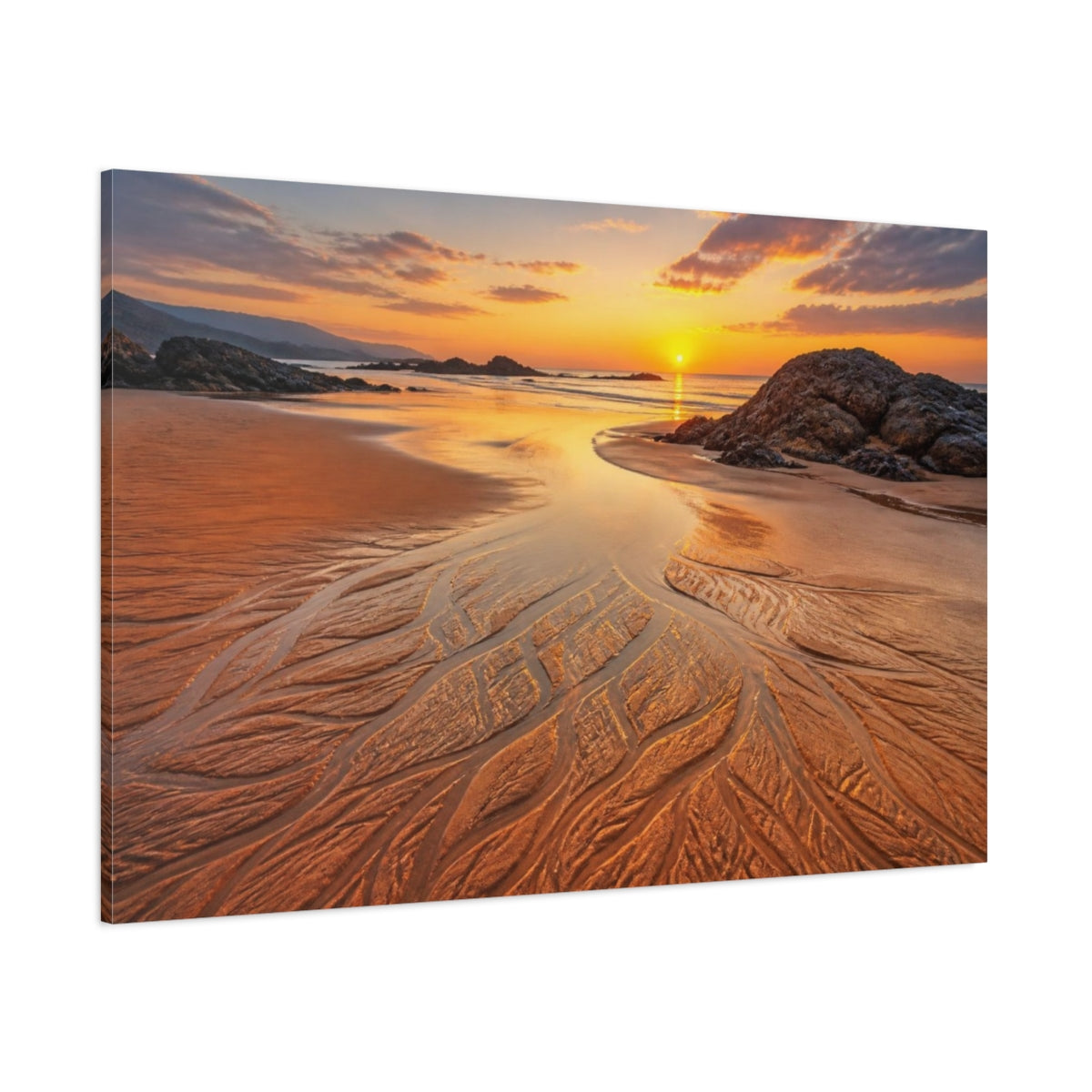 Side Mockup 1. Coastal Beach Sunset Rivulets shown as canvas print