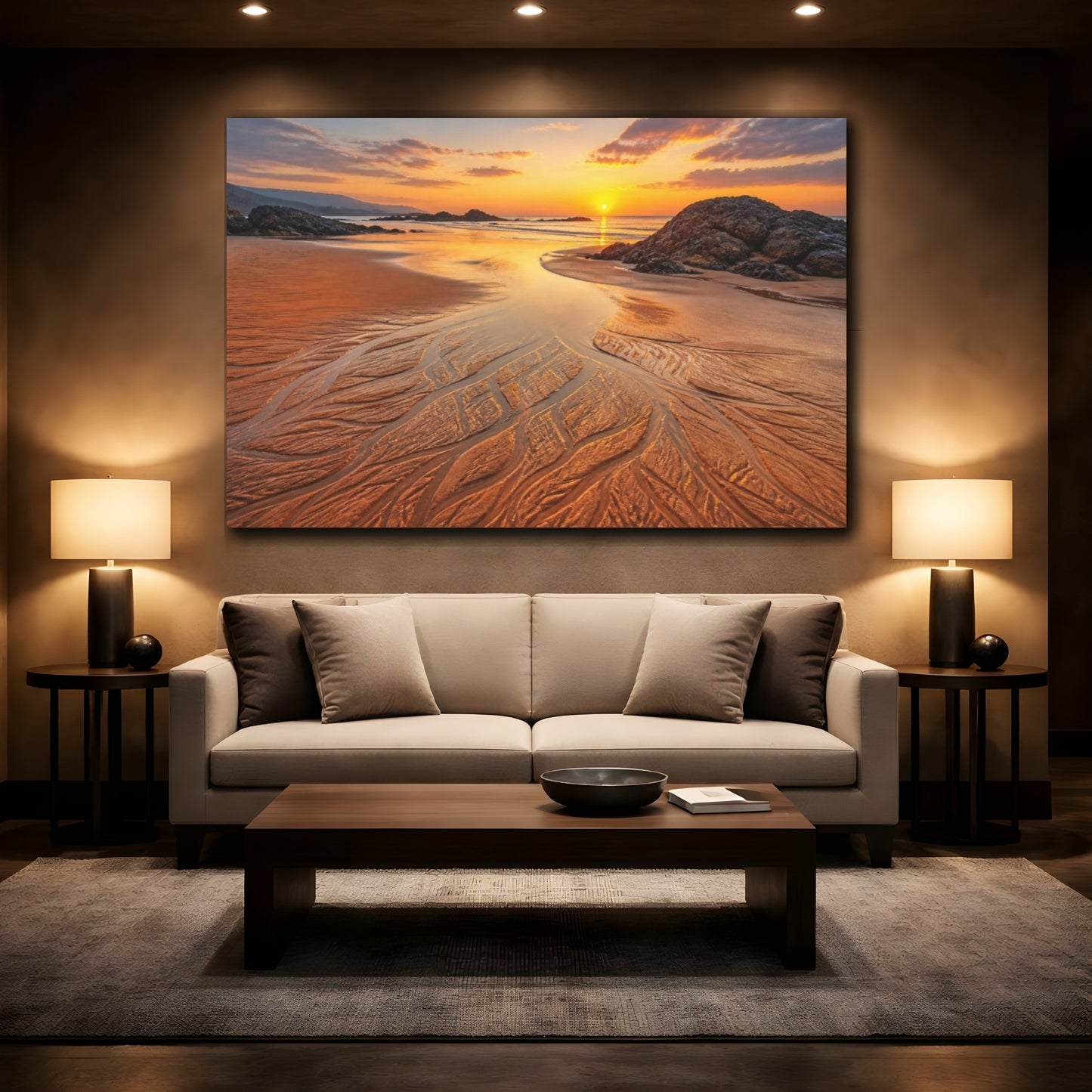 Mockup 2. Coastal Beach Sunset Rivulets shown as canvas print