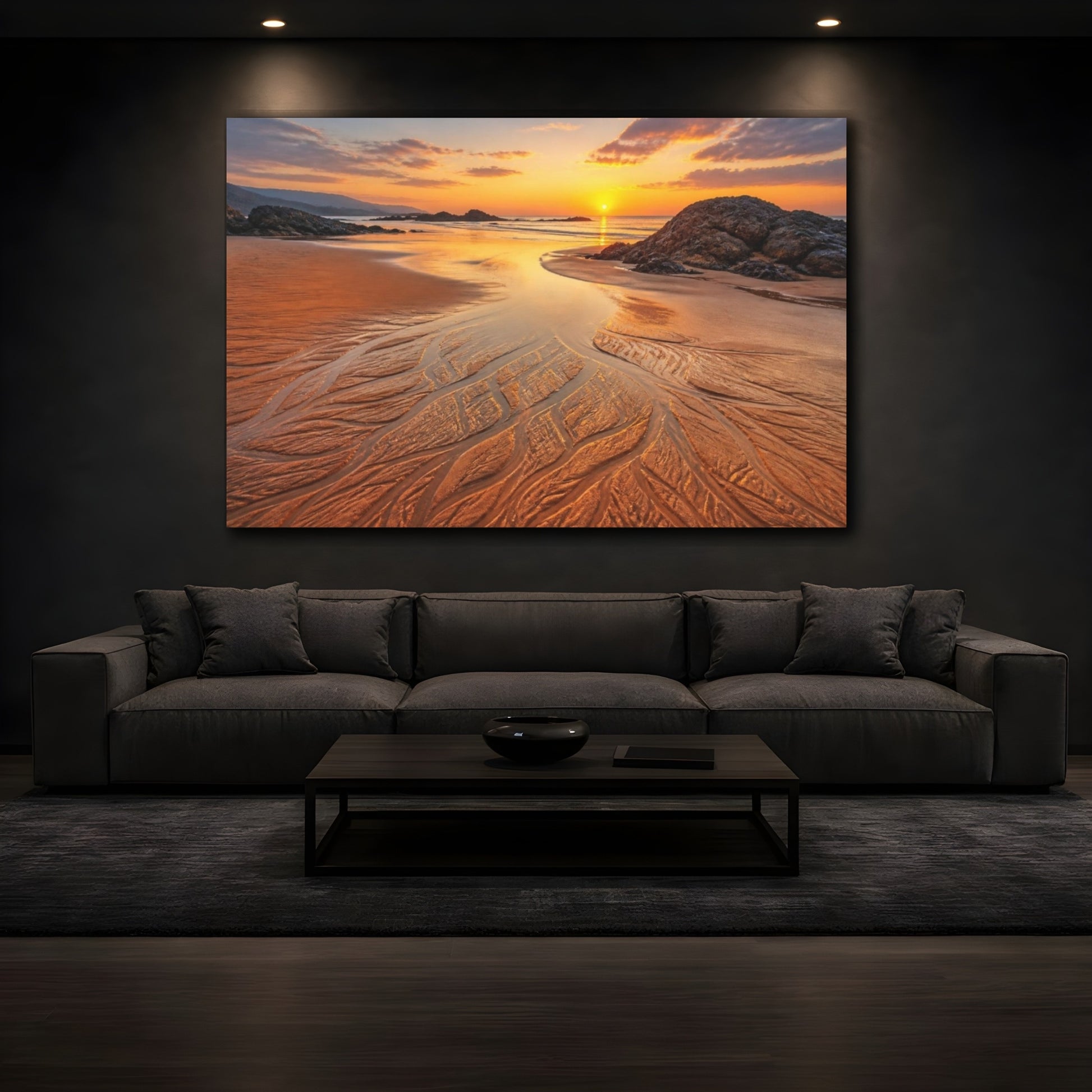 Mockup 3. Coastal Beach Sunset Rivulets shown as canvas print