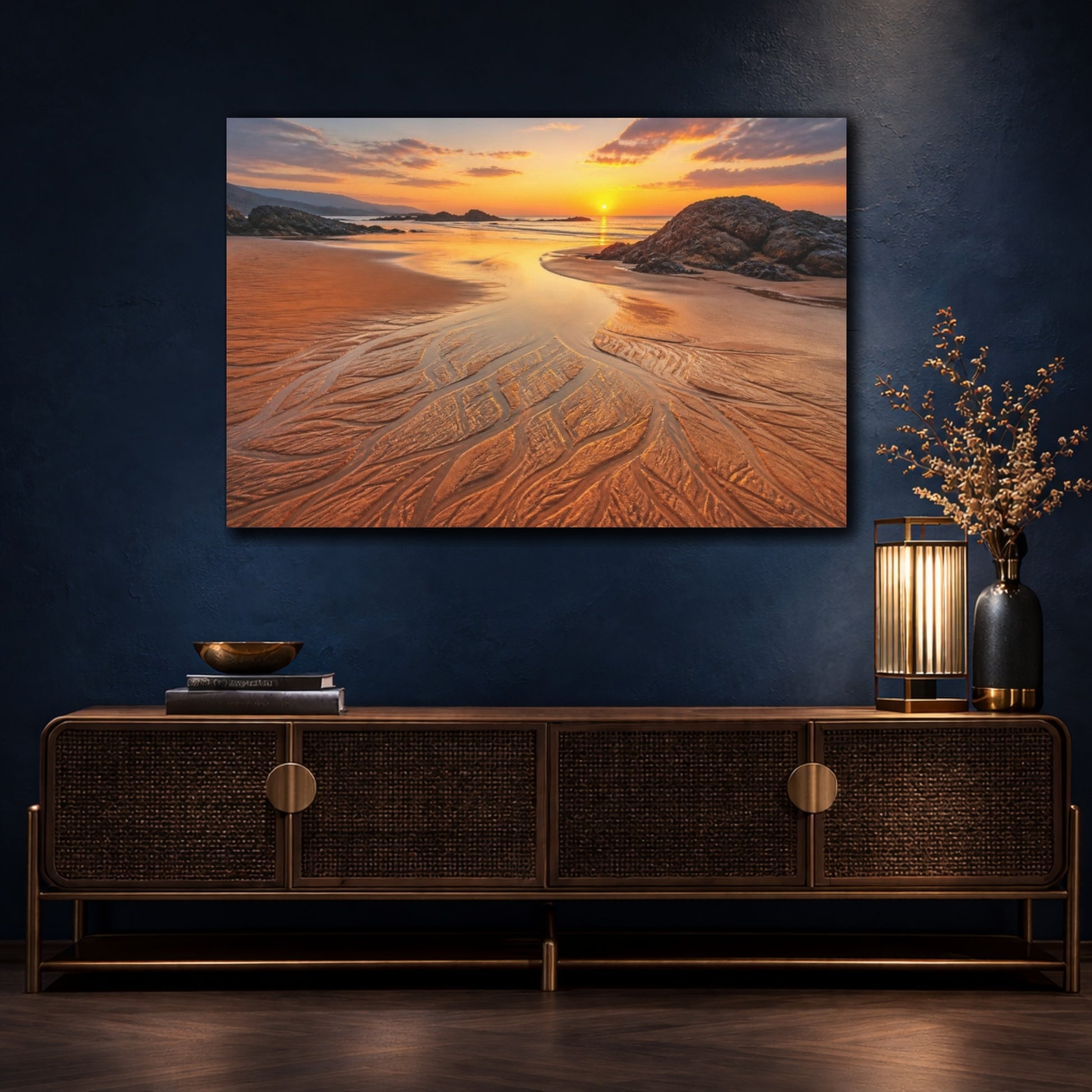 Mockup 4. Coastal Beach Sunset Rivulets shown as canvas print