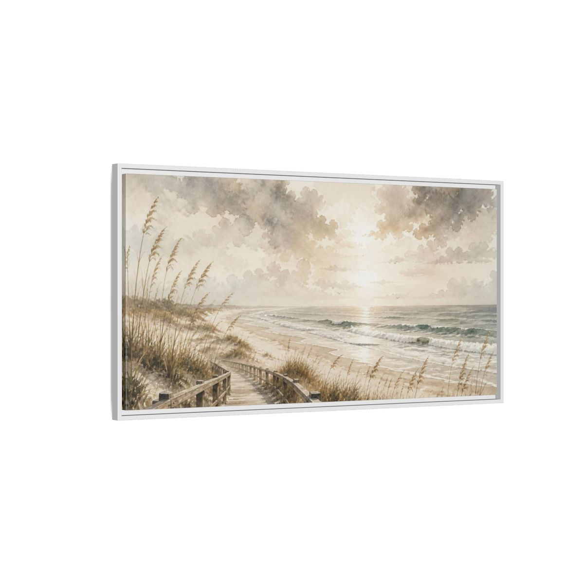 Side Mockup 3. Coastal Boardwalk View shown as framed canvas print