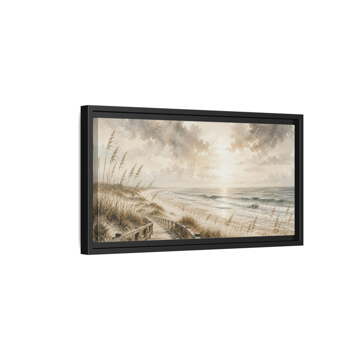 Side Mockup 8. Coastal Boardwalk View shown as framed canvas print