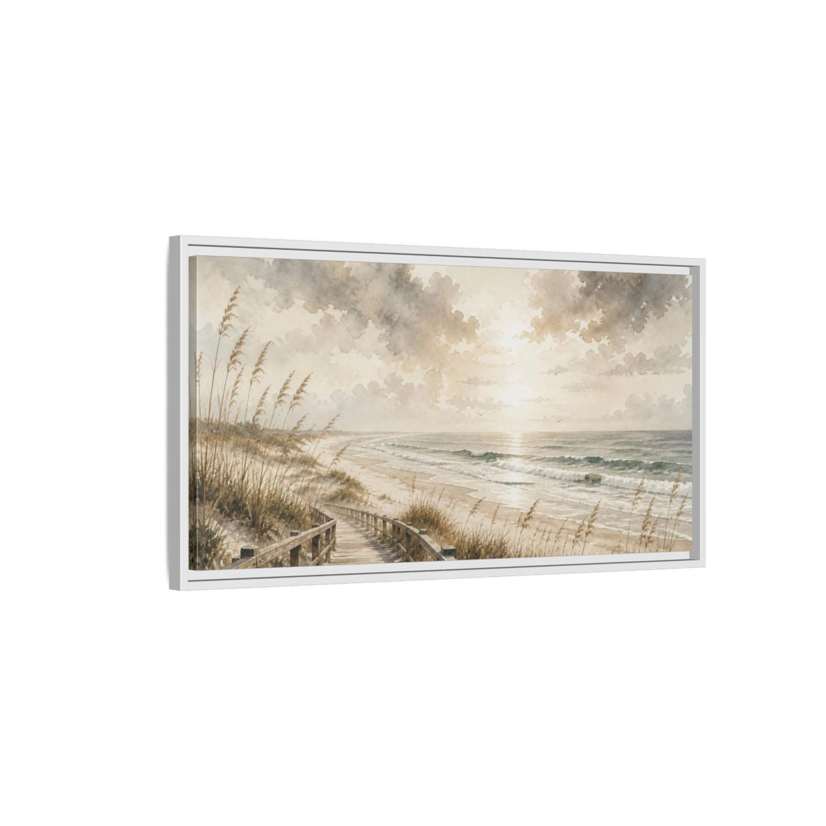 Side Mockup 1. Coastal Boardwalk View shown as framed canvas print
