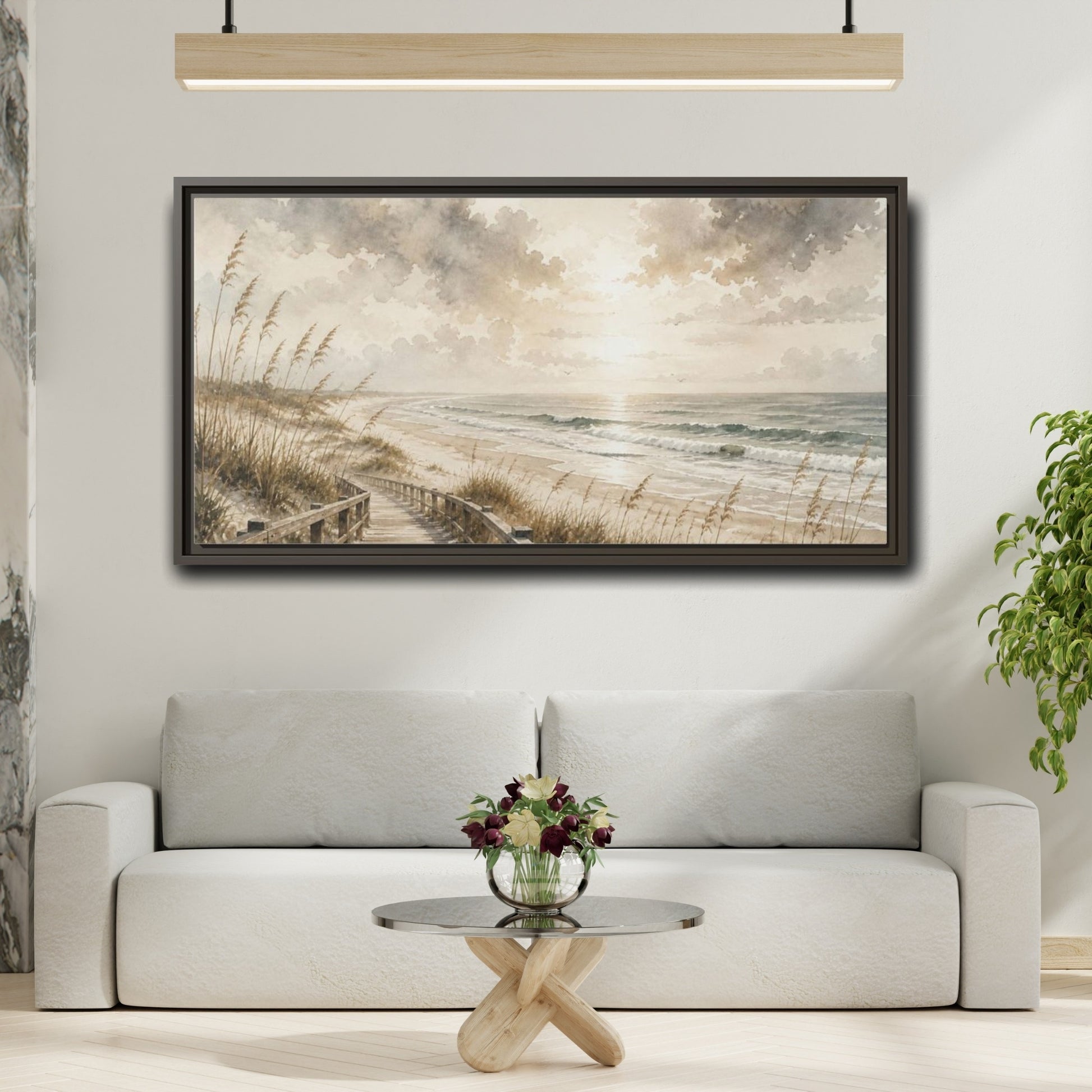 Mockup 2. Coastal Boardwalk View shown as framed canvas print