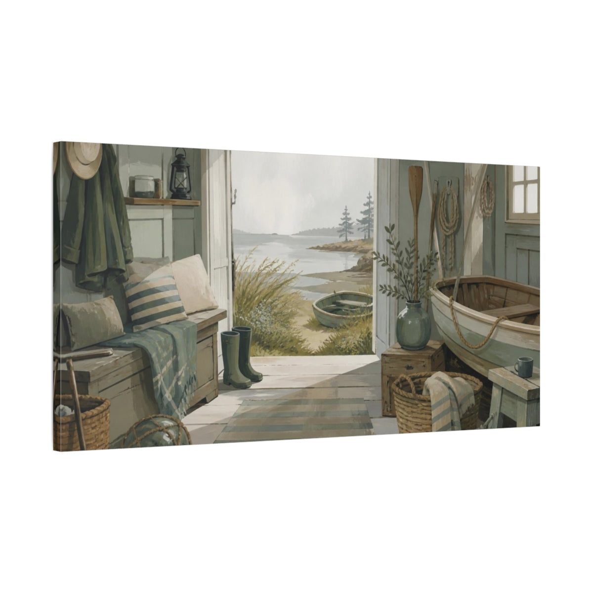 Main Mockup. Coastal Boat Shed shown as canvas print