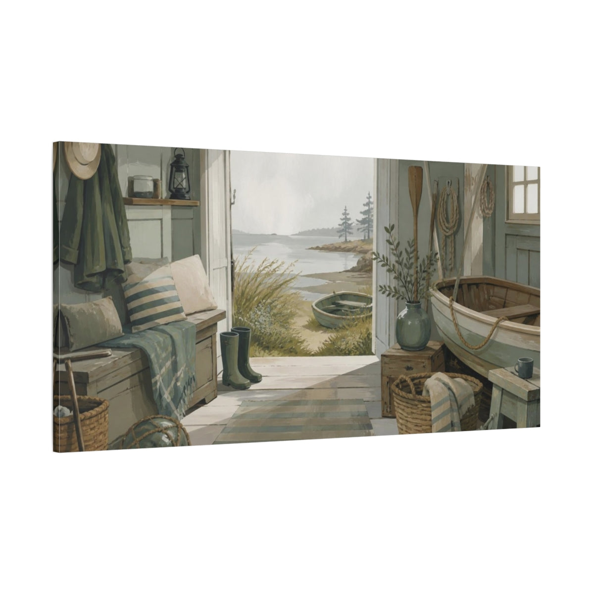 Side Mockup 2. Coastal Boat Shed shown as canvas print