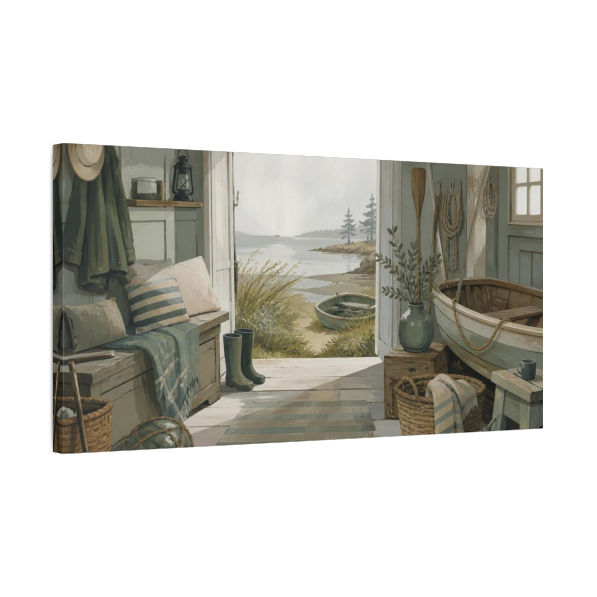 Side Mockup 1. Coastal Boat Shed shown as canvas print