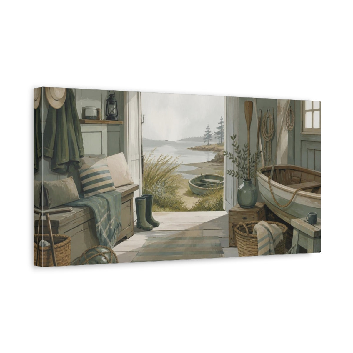 Side Mockup 3. Coastal Boat Shed shown as canvas print