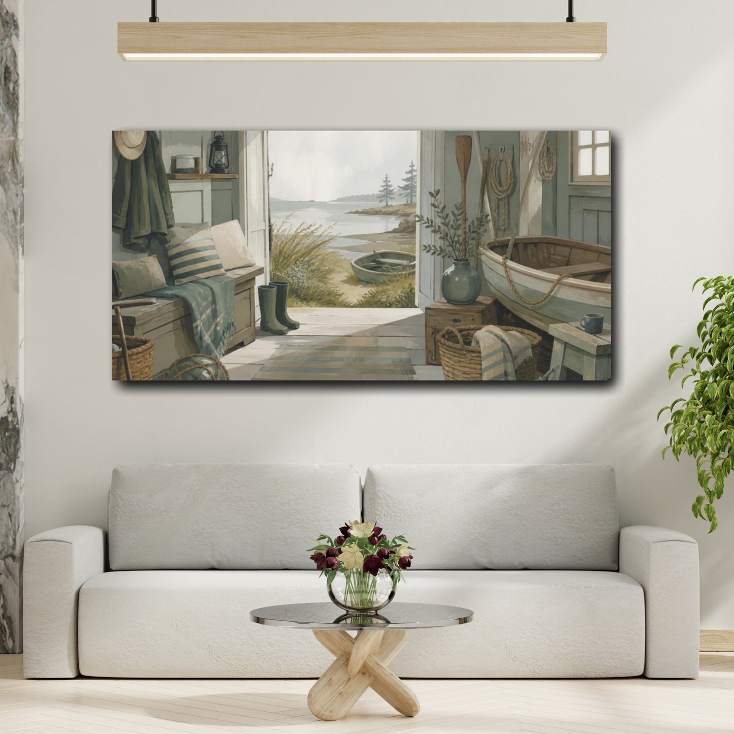 Mockup 2. Coastal Boat Shed shown as canvas print