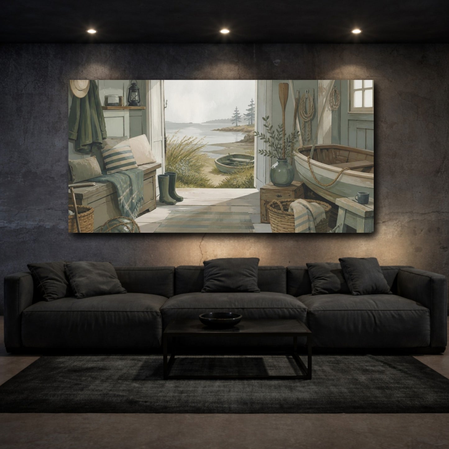Mockup 3. Coastal Boat Shed shown as canvas print