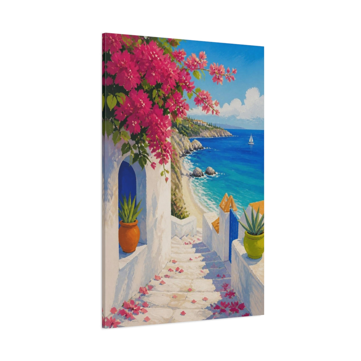 Side Mockup 1. Coastal Bougainvillea Steps shown as canvas print