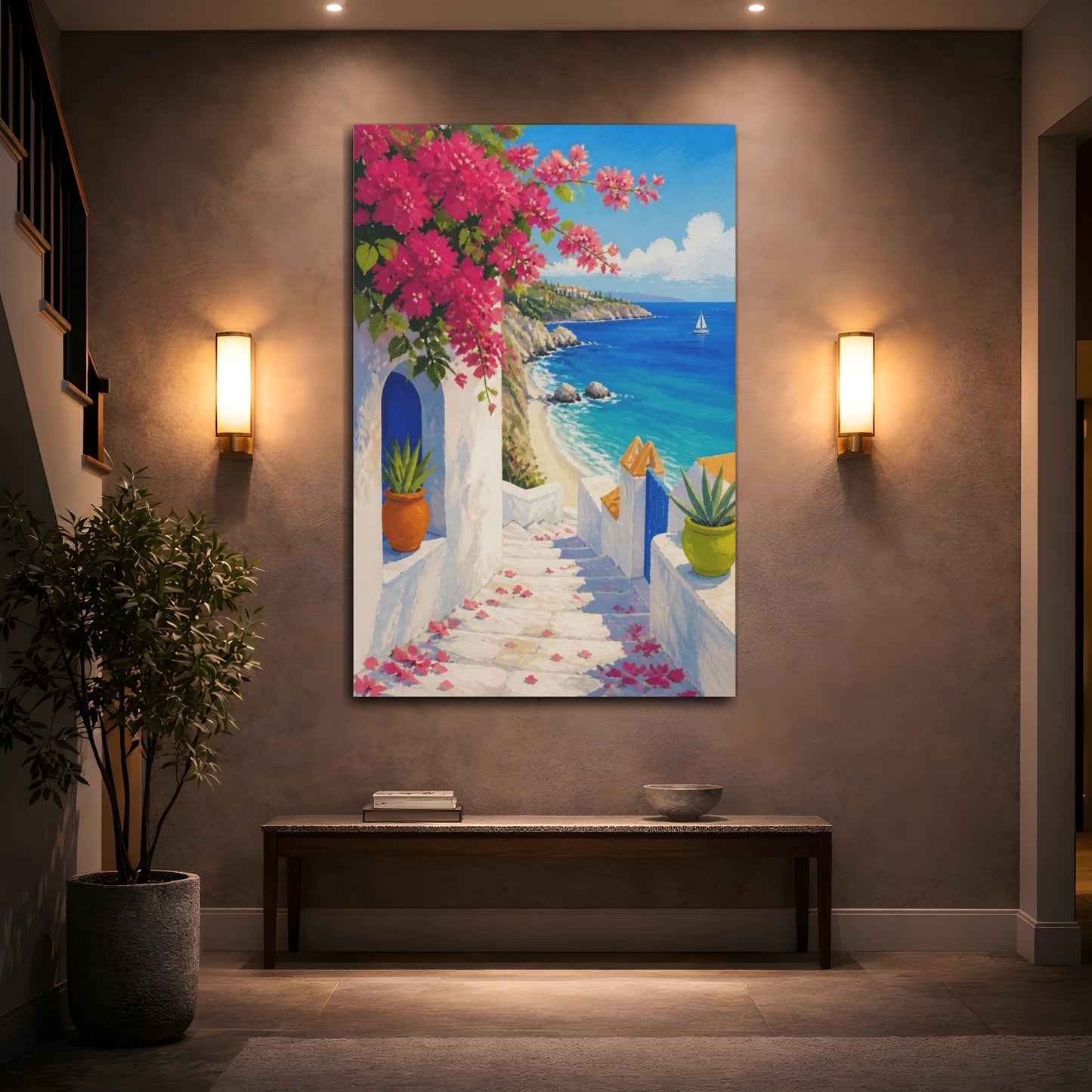 Mockup 2. Coastal Bougainvillea Steps shown as canvas print