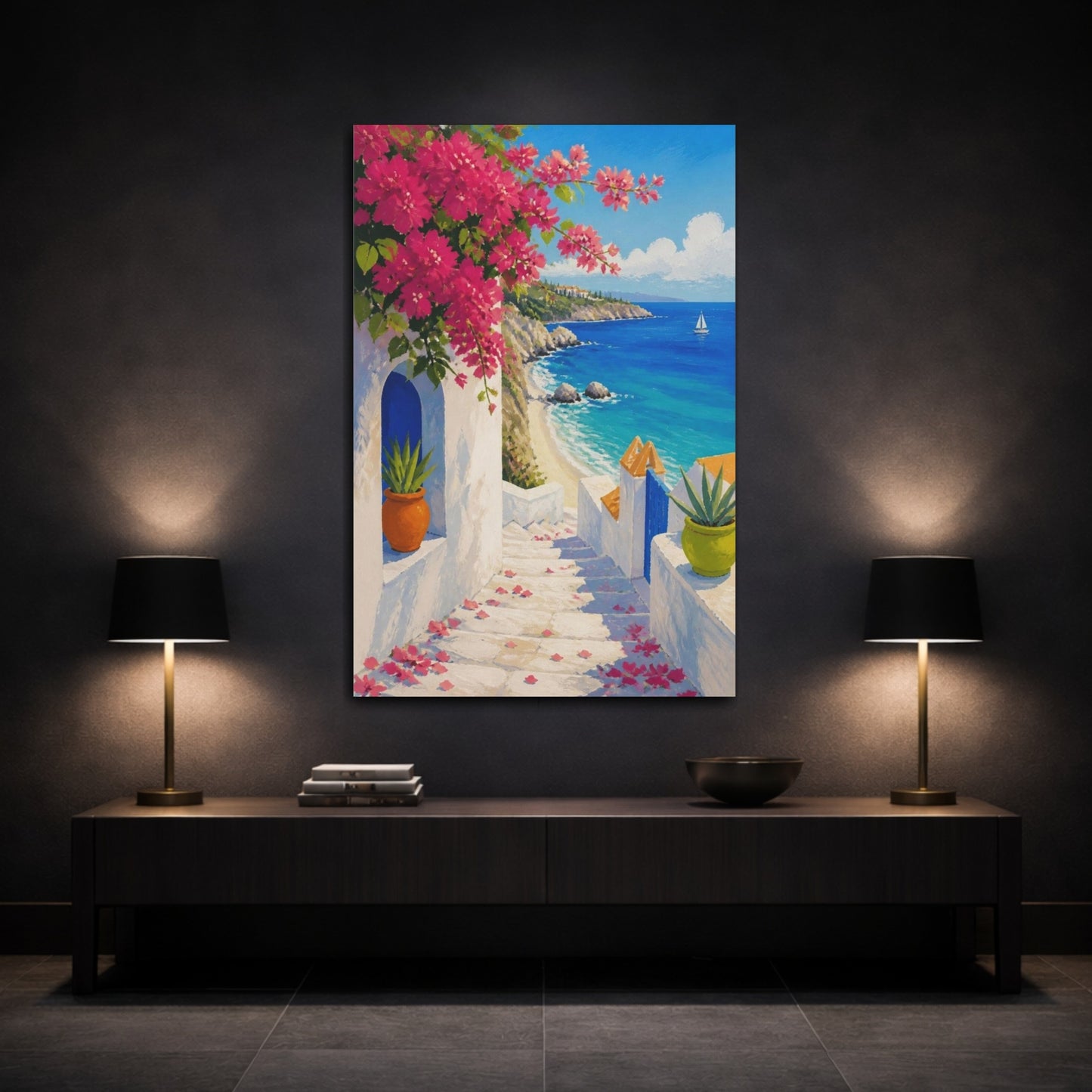 Mockup 3. Coastal Bougainvillea Steps shown as canvas print