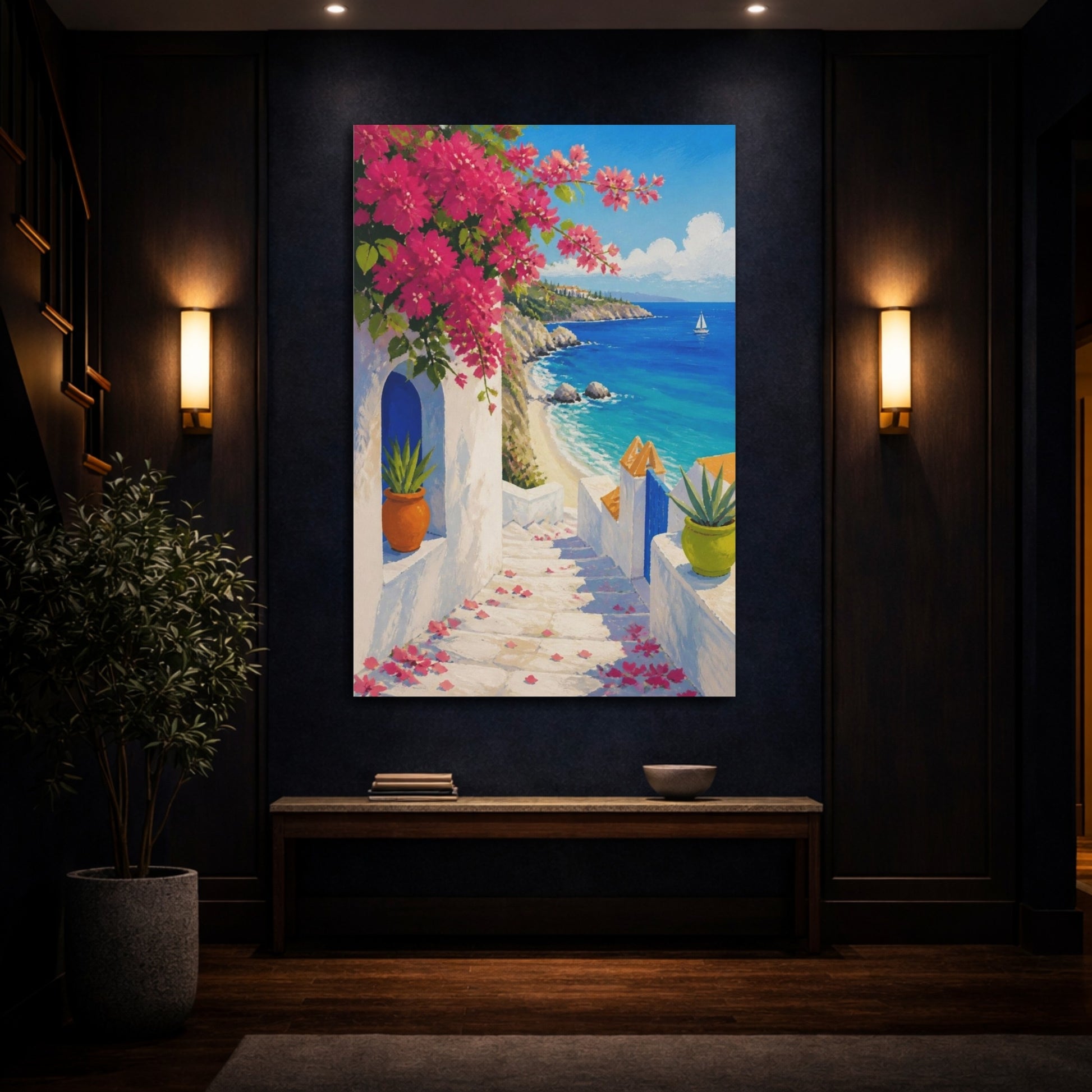 Mockup 4. Coastal Bougainvillea Steps shown as canvas print