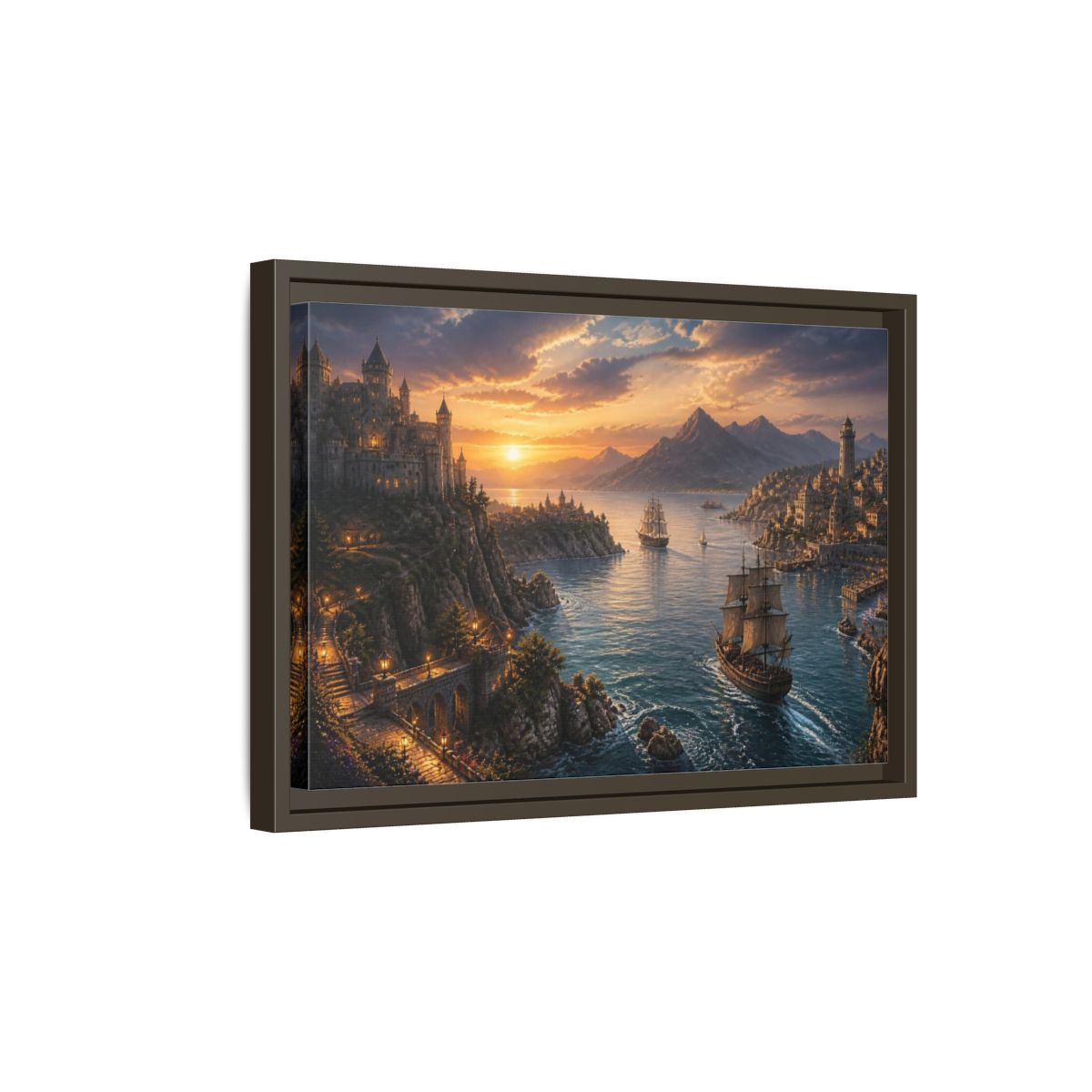 Side Mockup 5. Coastal Castle Landscape At Sunset shown as framed canvas print