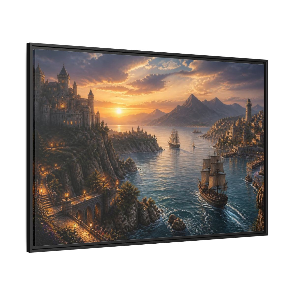 Side Mockup 12. Coastal Castle Landscape At Sunset shown as framed canvas print