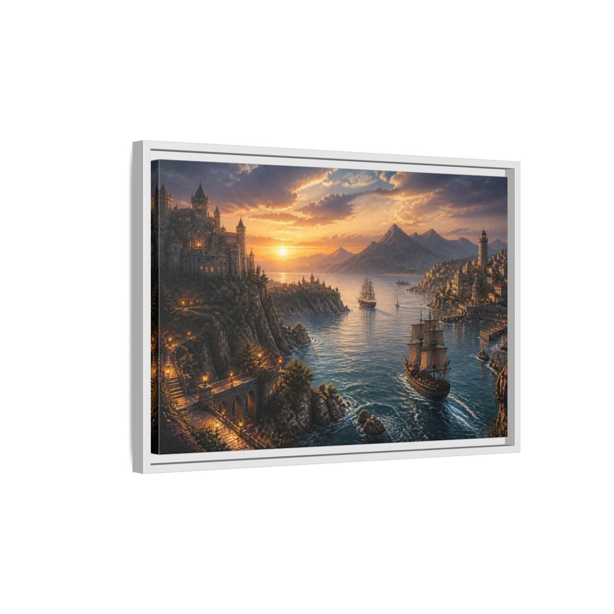 Side Mockup 1. Coastal Castle Landscape At Sunset shown as framed canvas print