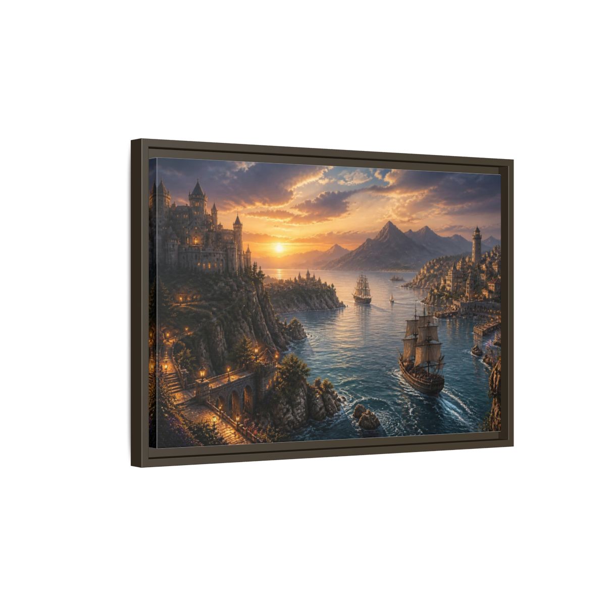Side Mockup 2. Coastal Castle Landscape At Sunset shown as framed canvas print