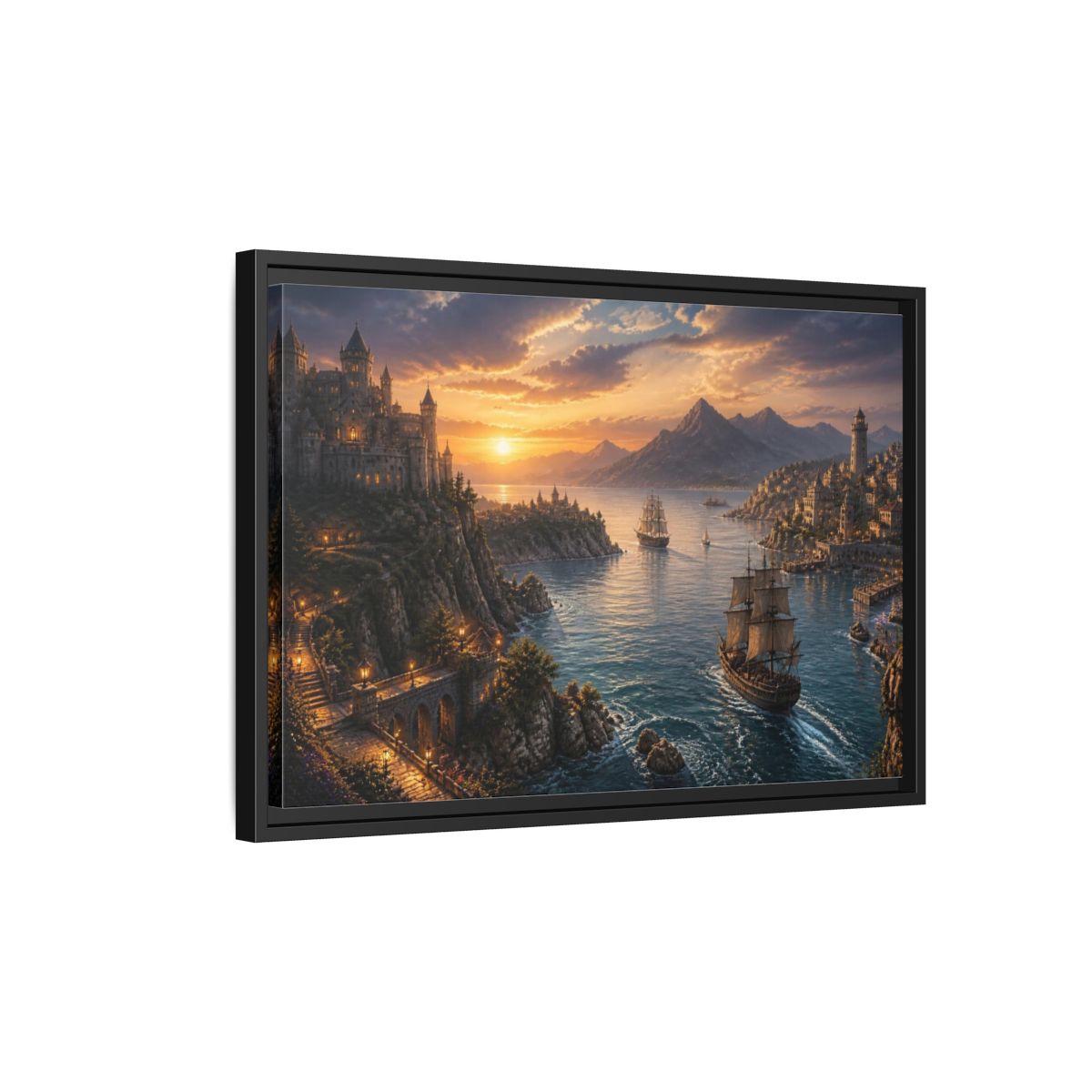 Side Mockup 3. Coastal Castle Landscape At Sunset shown as framed canvas print