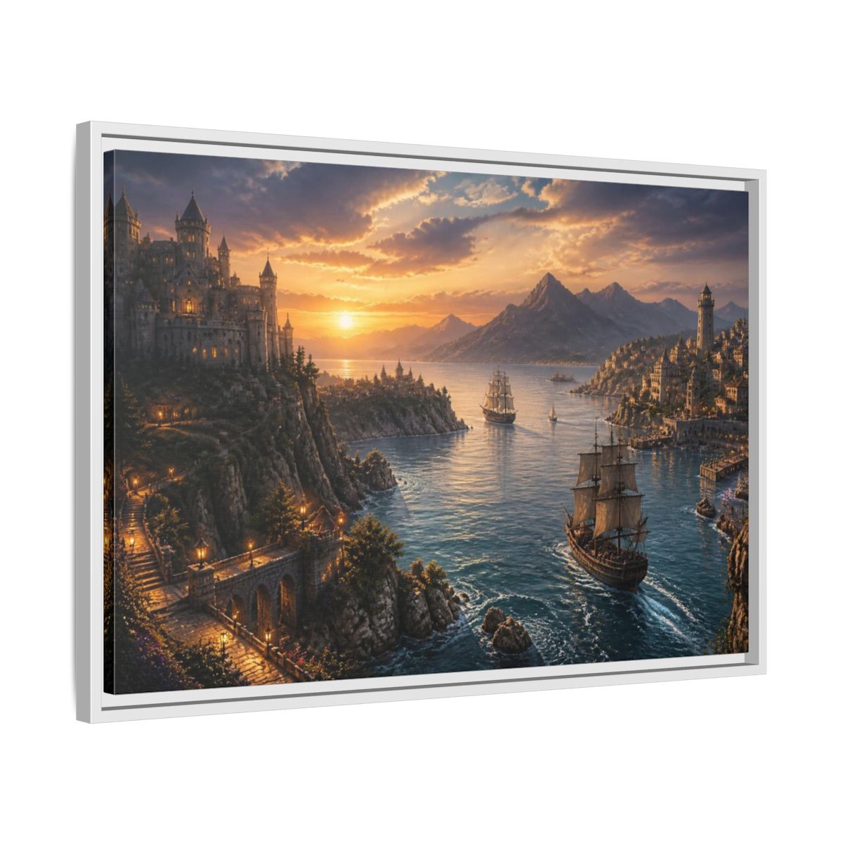 Side Mockup 10. Coastal Castle Landscape At Sunset shown as framed canvas print