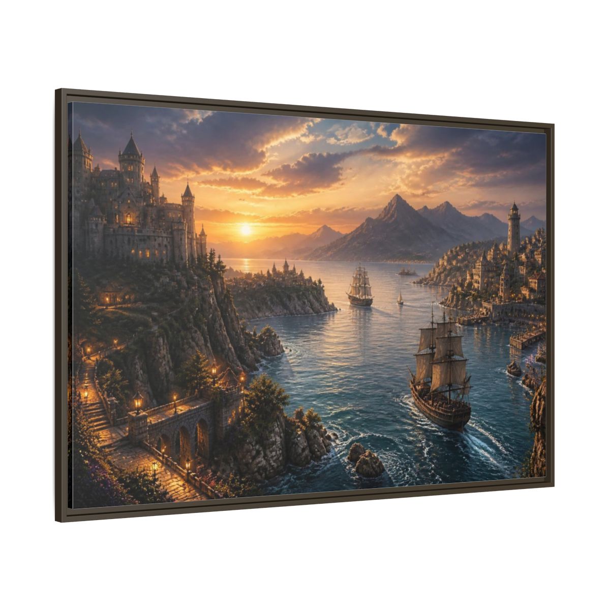 Side Mockup 8. Coastal Castle Landscape At Sunset shown as framed canvas print