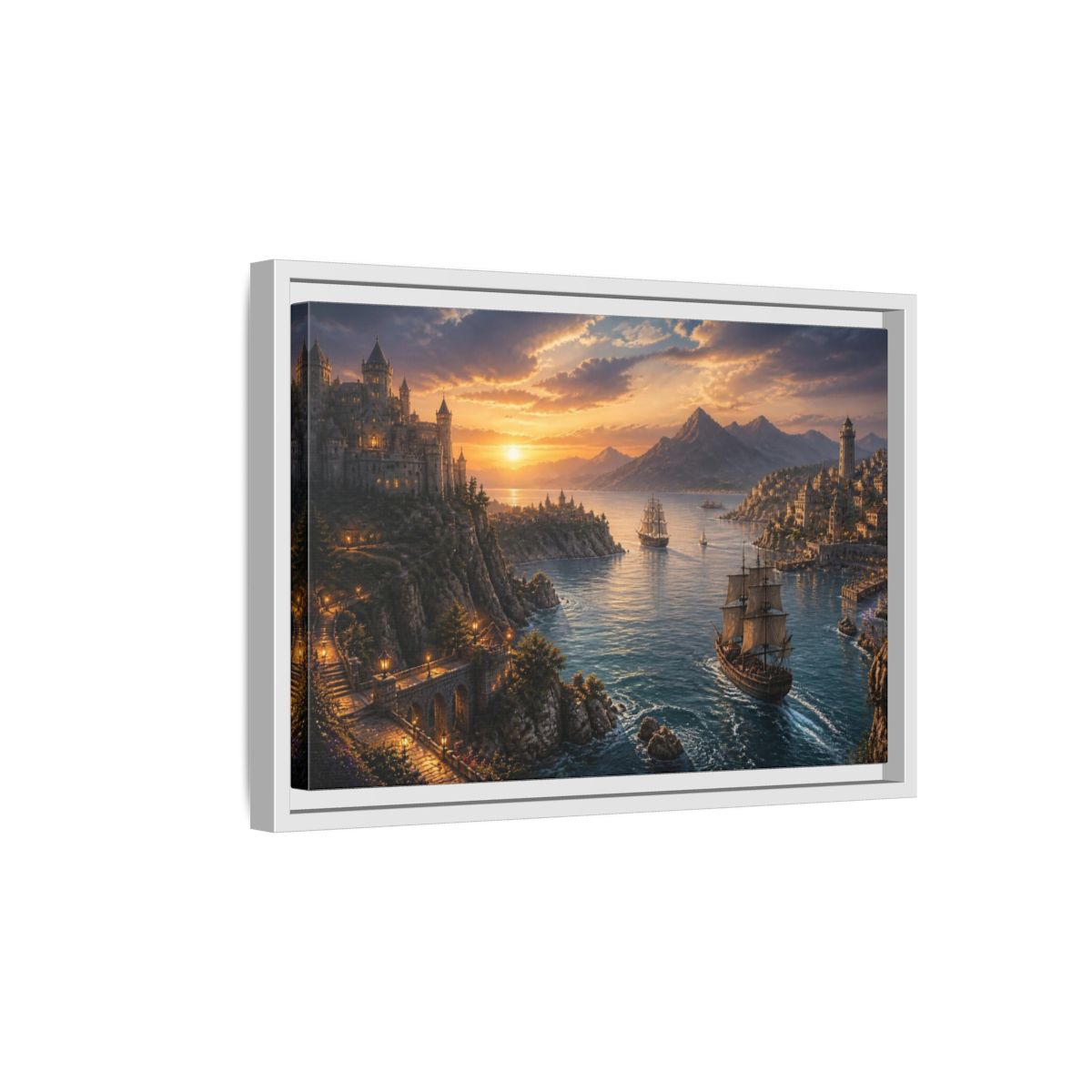 Side Mockup 4. Coastal Castle Landscape At Sunset shown as framed canvas print