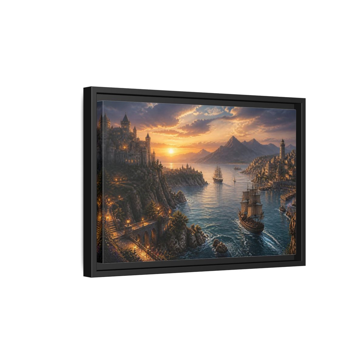 Side Mockup 6. Coastal Castle Landscape At Sunset shown as framed canvas print