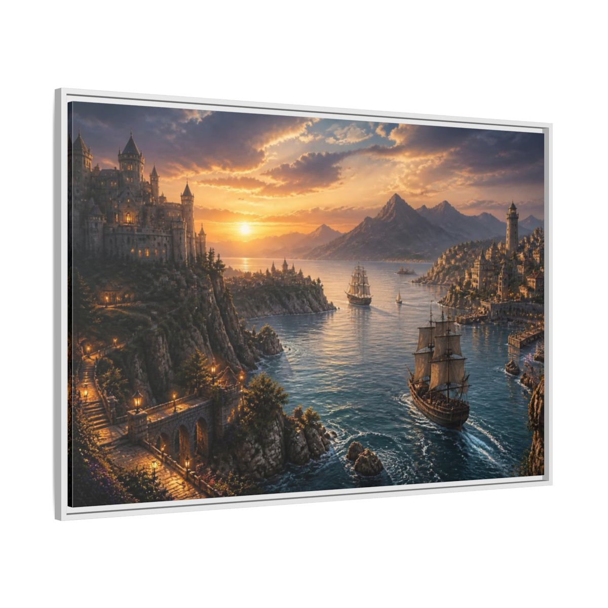 Side Mockup 7. Coastal Castle Landscape At Sunset shown as framed canvas print