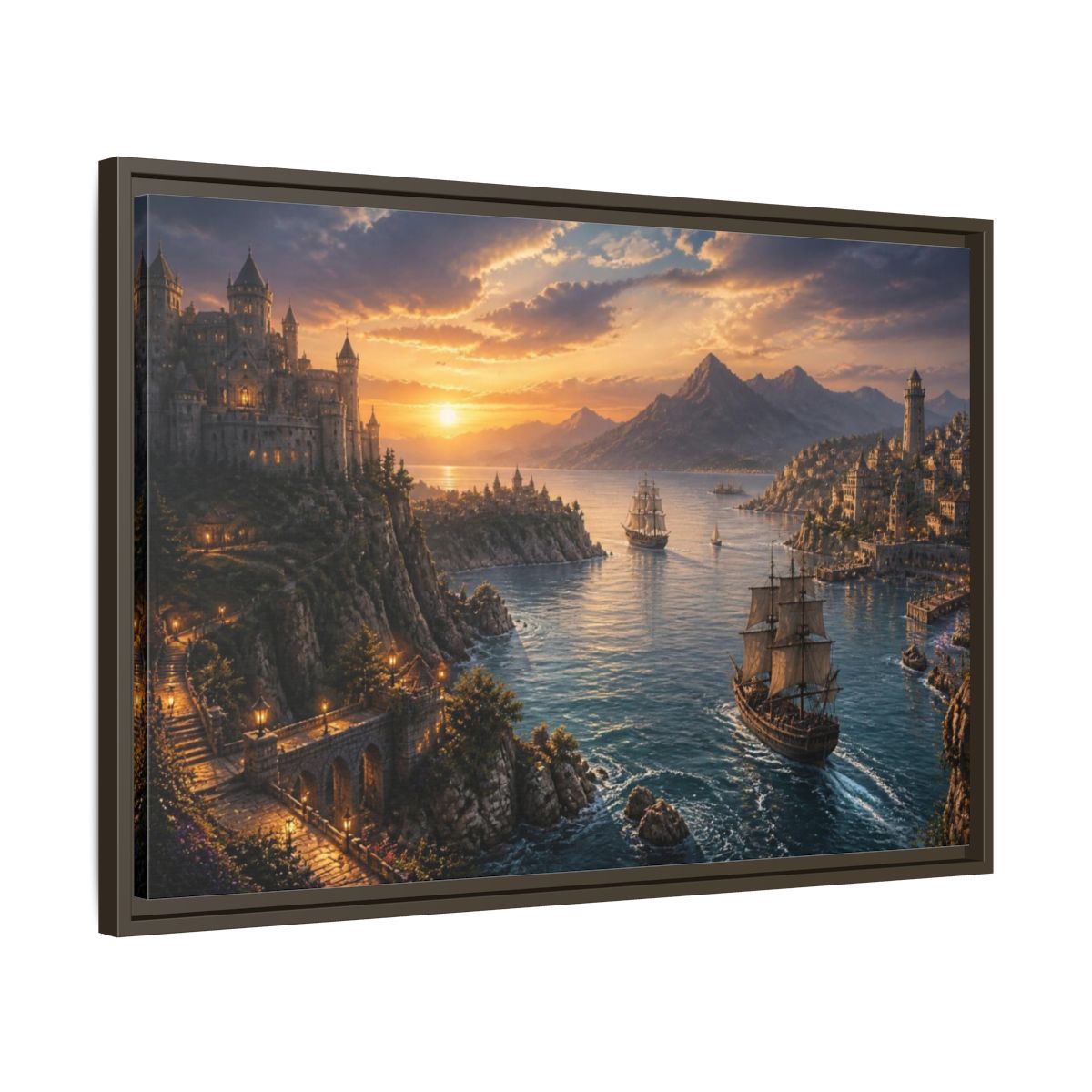 Side Mockup 11. Coastal Castle Landscape At Sunset shown as framed canvas print