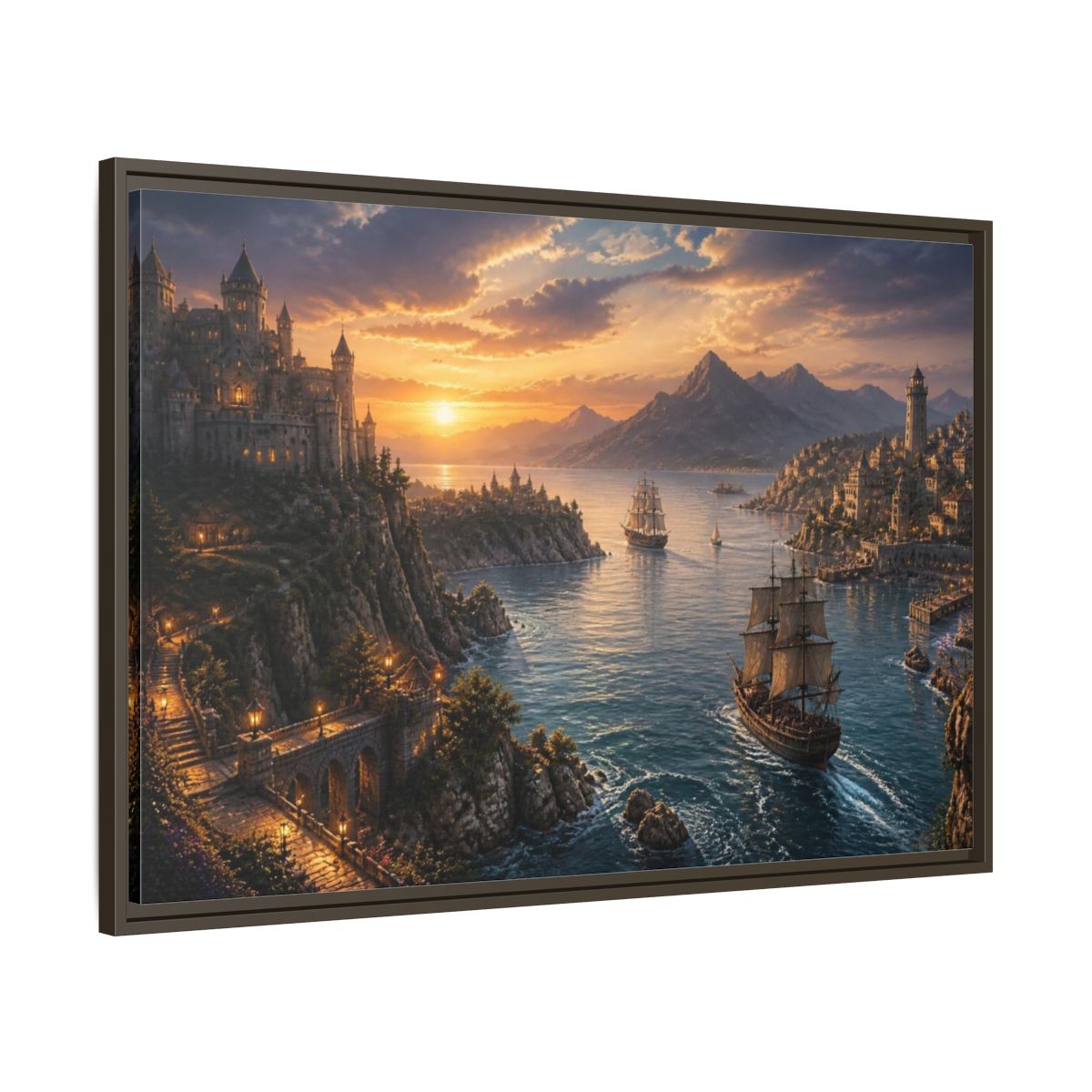 Main Mockup. Coastal Castle Landscape At Sunset shown as framed canvas print