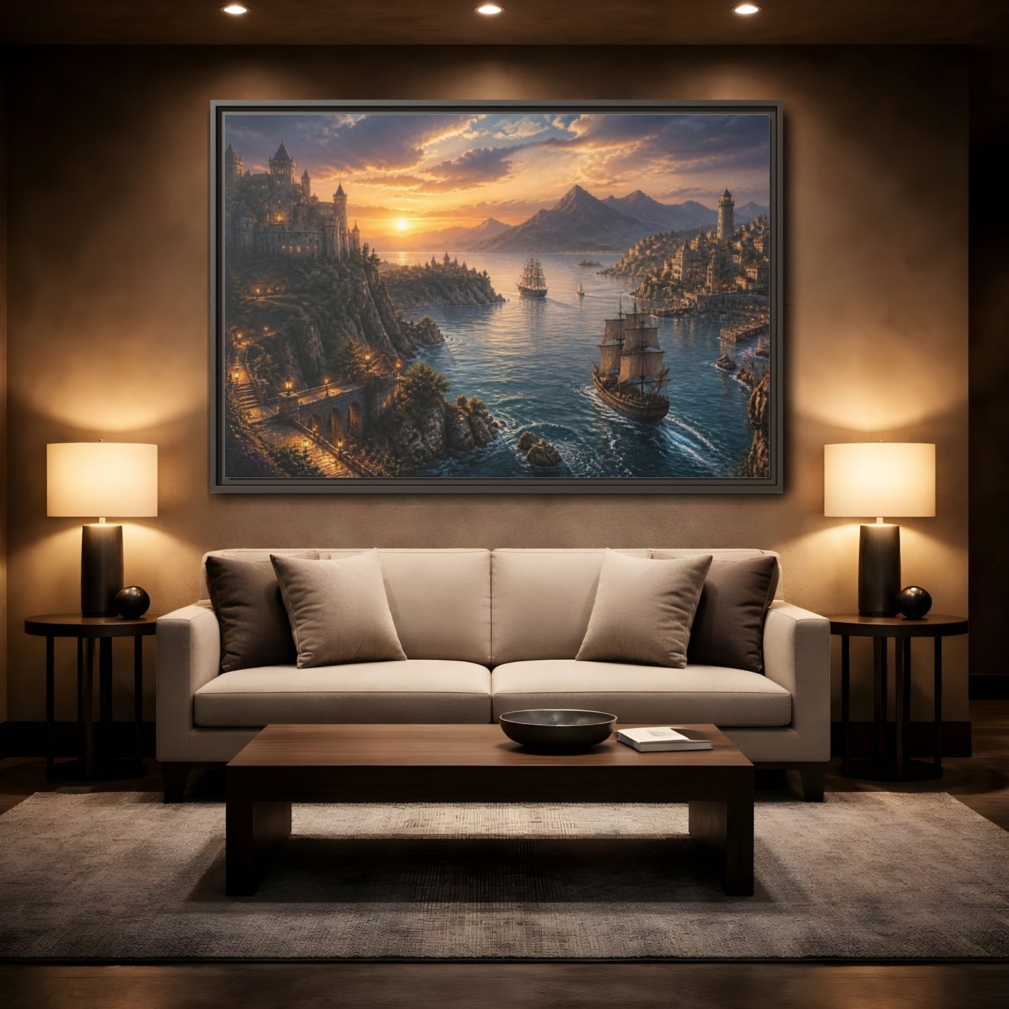 Mockup 2. Coastal Castle Landscape At Sunset shown as framed canvas print