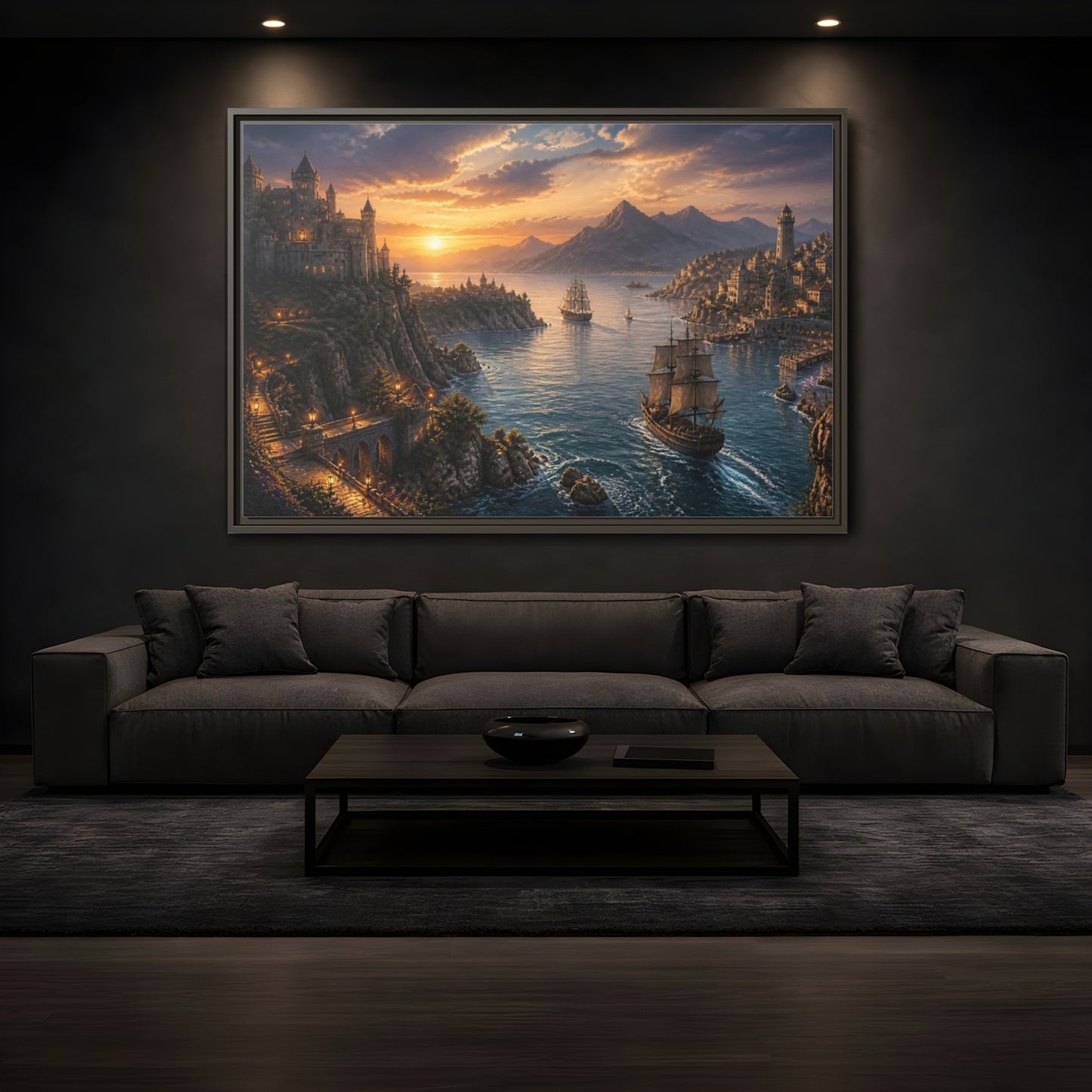 Mockup 3. Coastal Castle Landscape At Sunset shown as framed canvas print