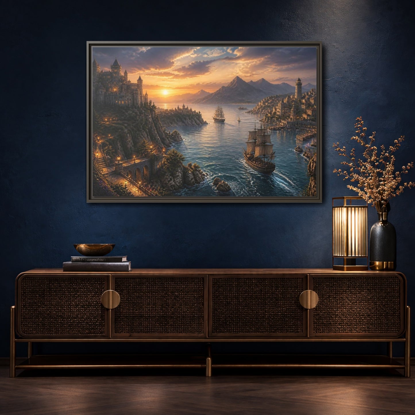 Mockup 4. Coastal Castle Landscape At Sunset shown as framed canvas print