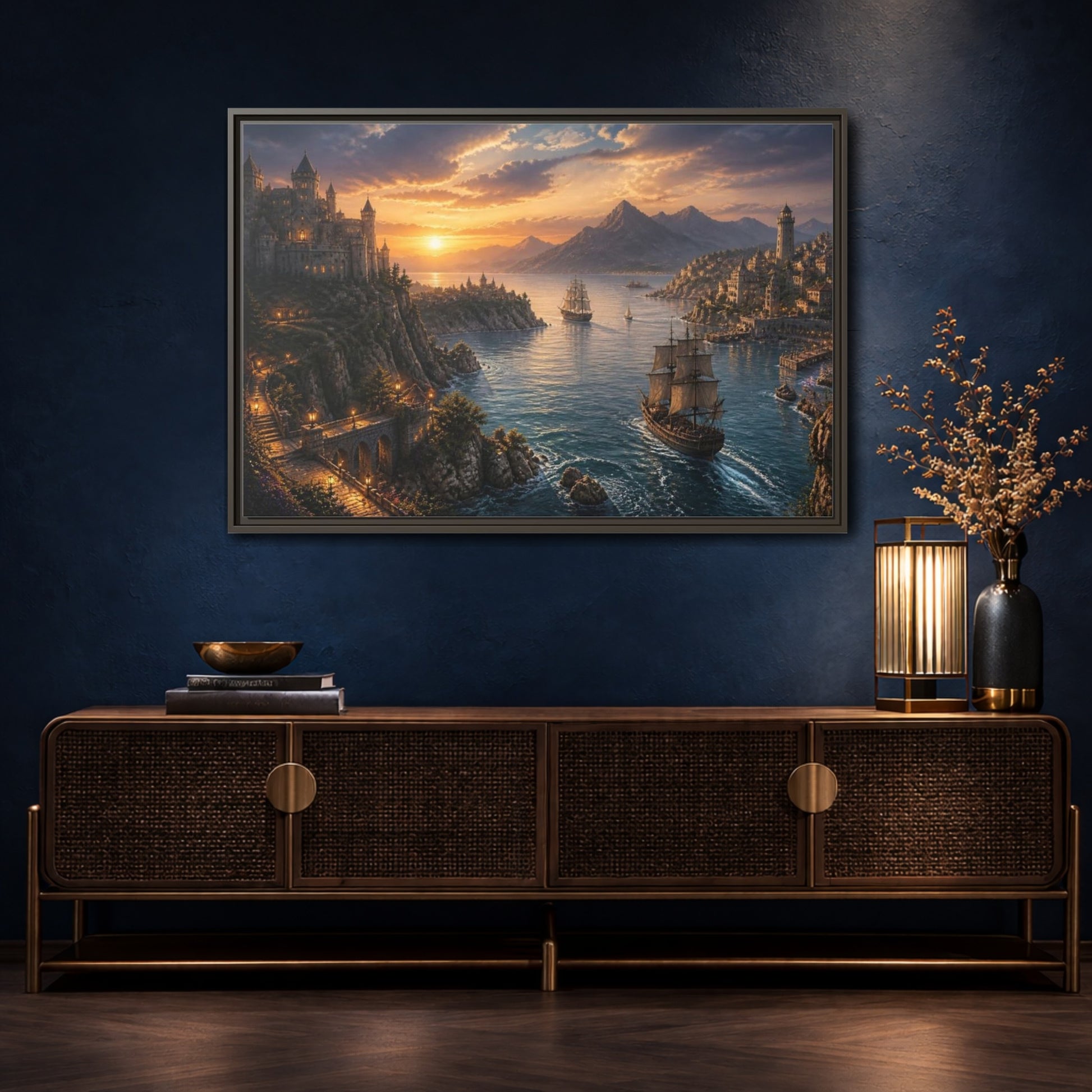 Mockup 4. Coastal Castle Landscape At Sunset shown as framed canvas print
