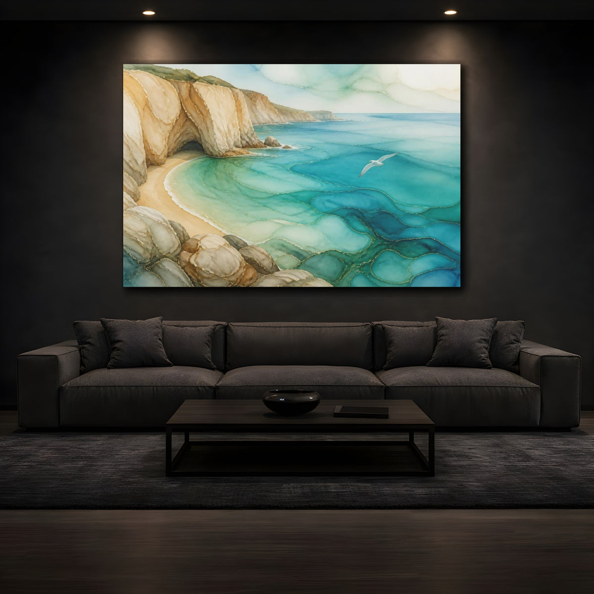 Mockup 3. Coastal Cliff Seascape shown as canvas print