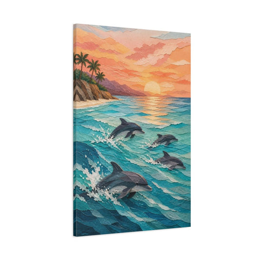 Coastal Dolphin Pod At Sunset Canvas Print Wall Art – Living Room Decor, Above Console Table - YesArtYes