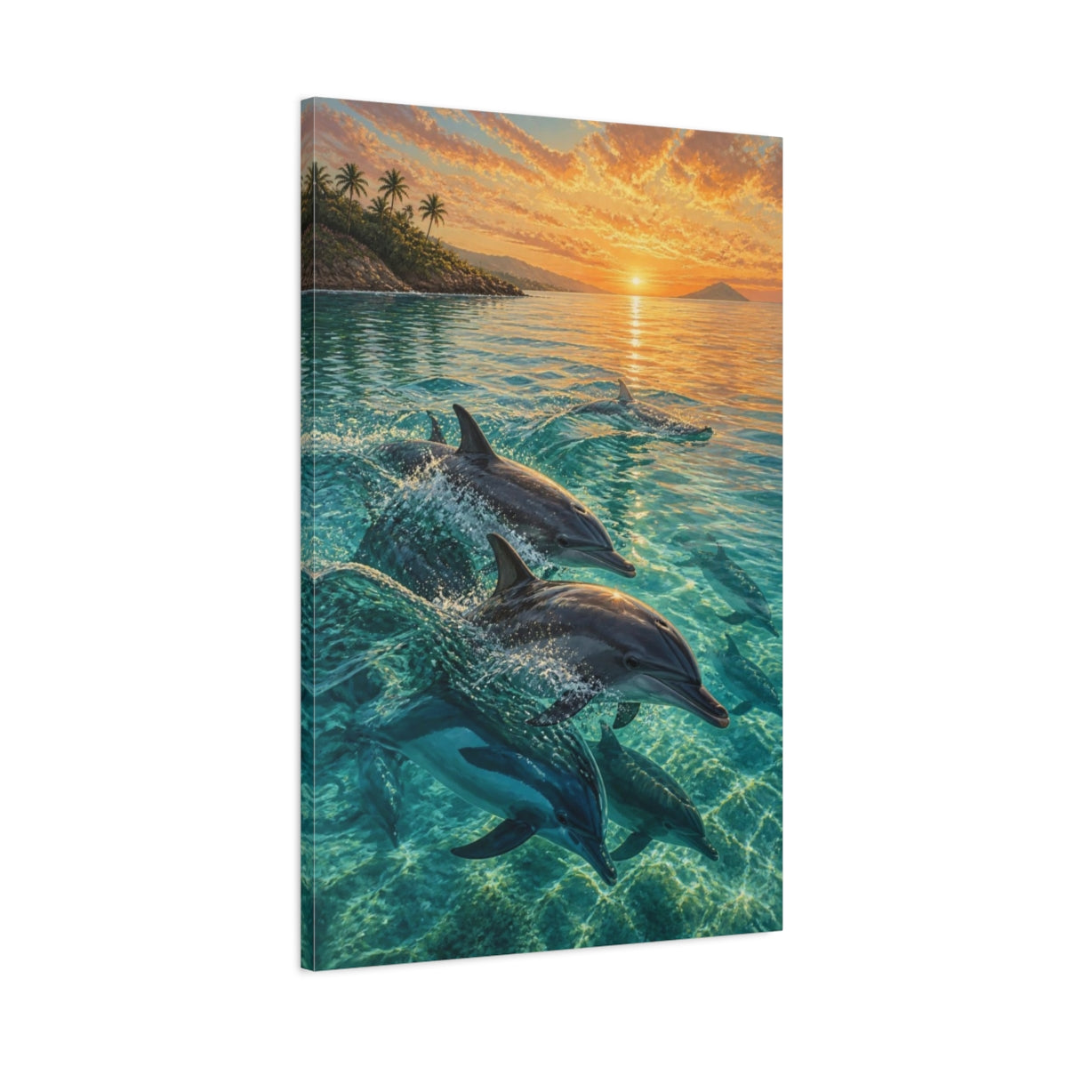 Main Mockup. Coastal Dolphin Sunrise shown as canvas print