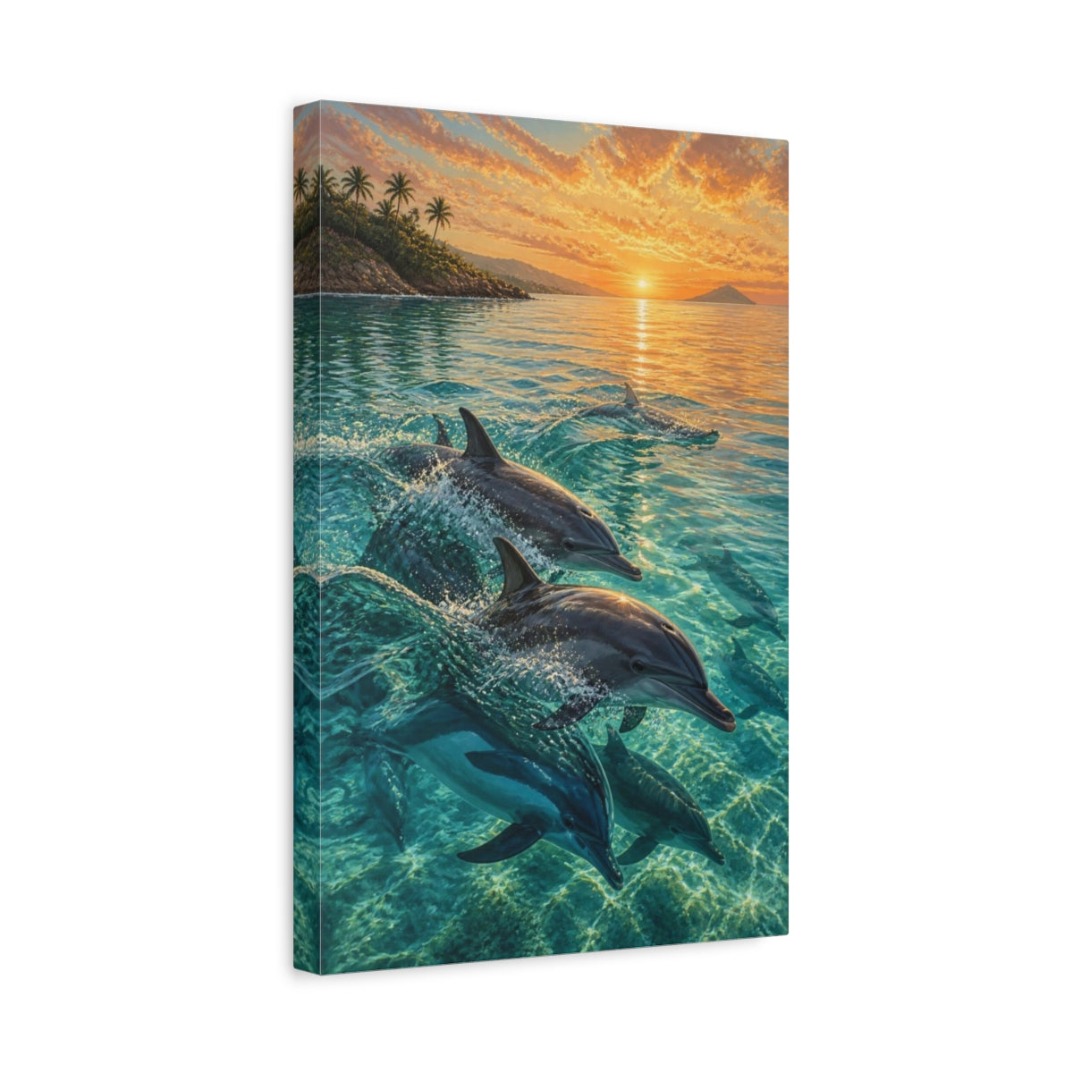Side Mockup 4. Coastal Dolphin Sunrise shown as canvas print